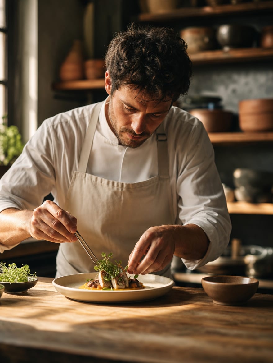 Chef plating a dish in a studio kitchen