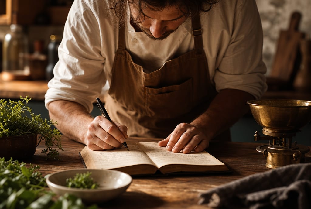 Chef writing a recipe into a notebook