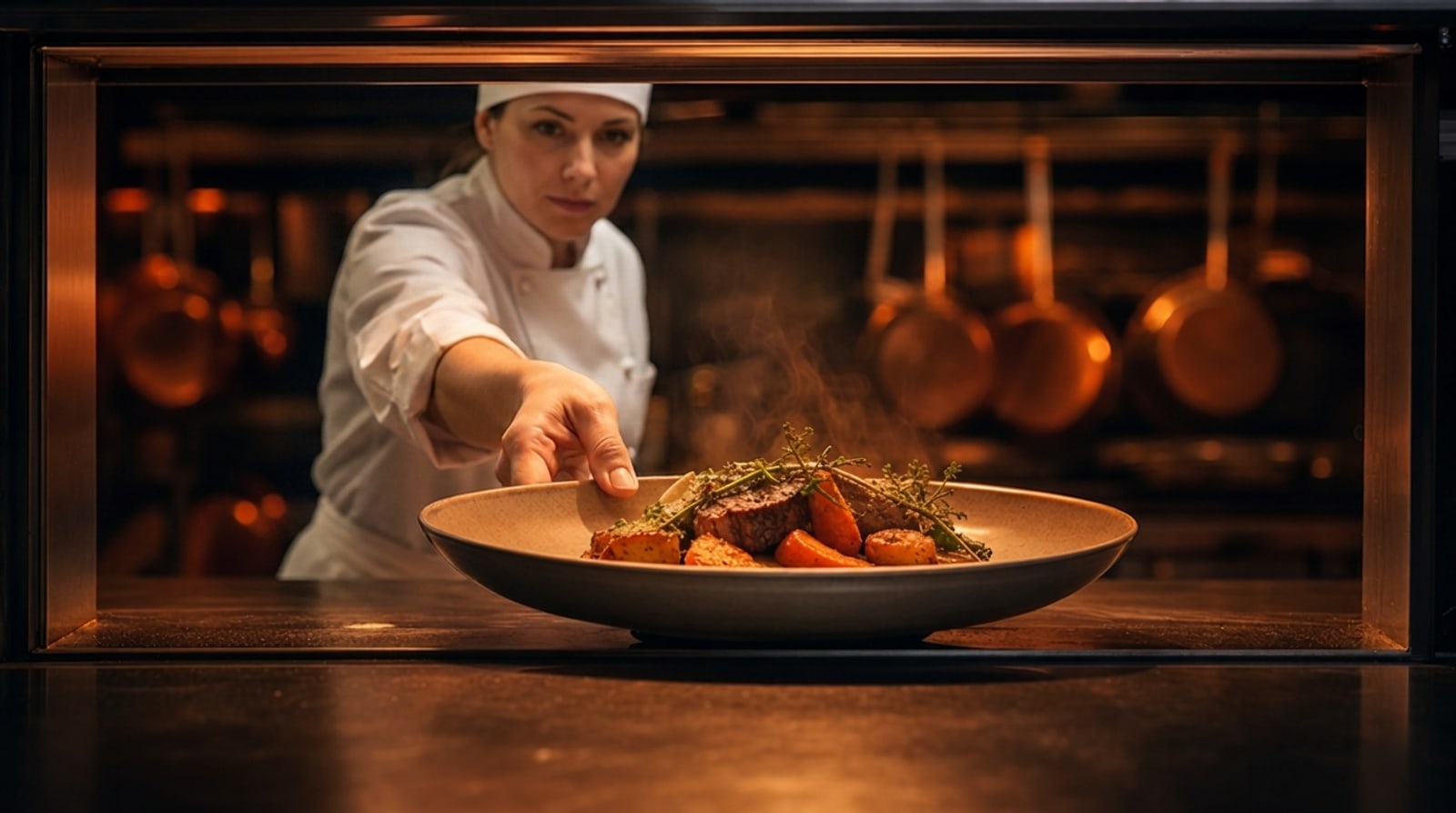 Female chef passing a plate through the service window, copper pans behind