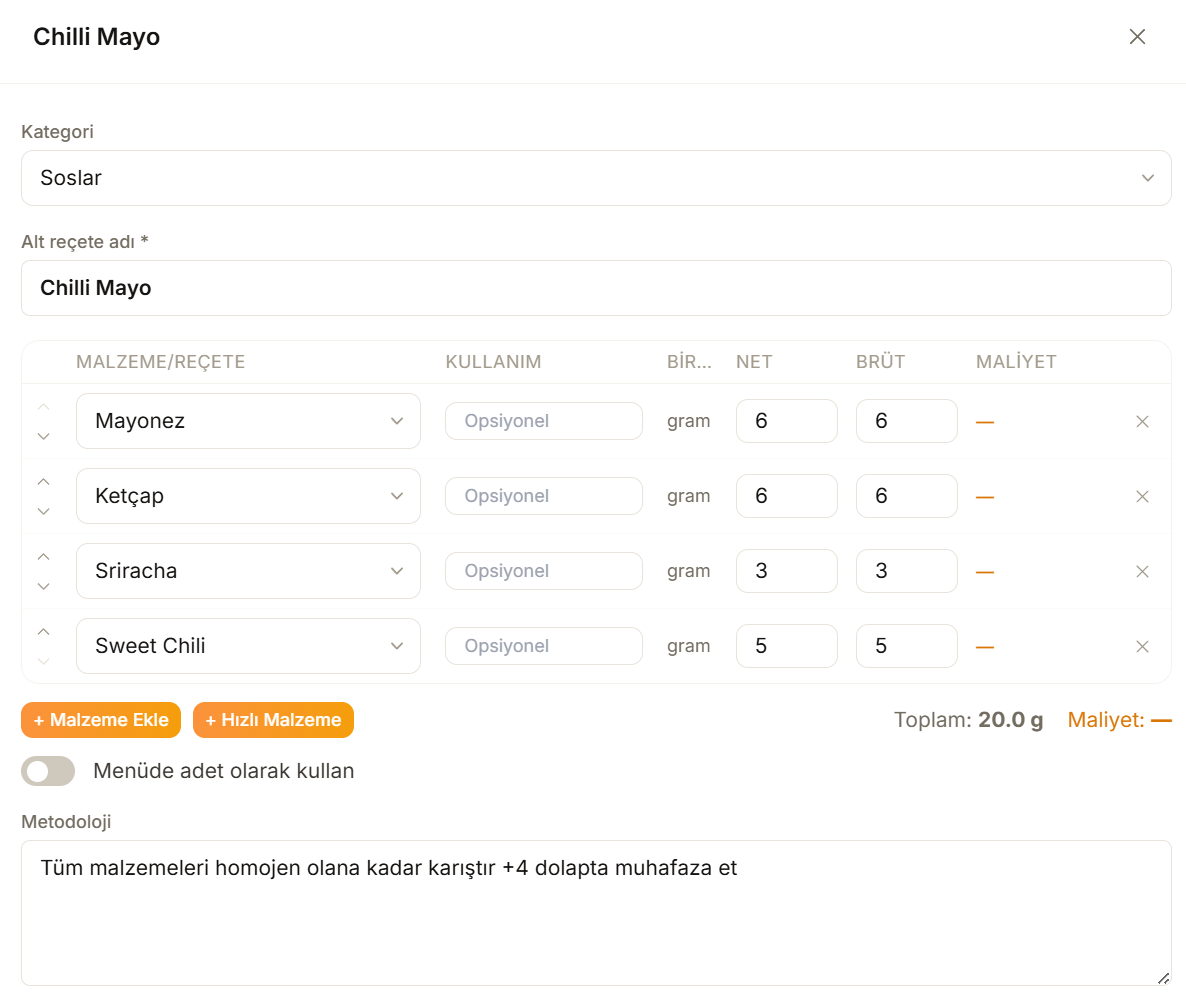 Arkanda recipe screen: Chilli Mayo sub-recipe with ingredient weights